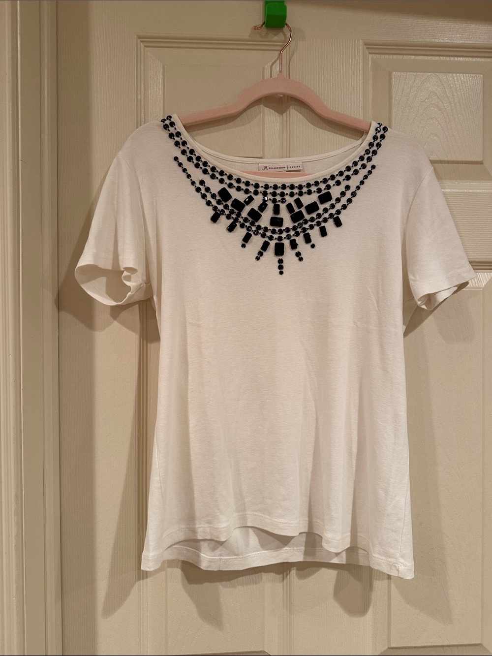 JM Collection White Short Sleeve Top with Black Beaded Neckline